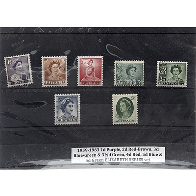 1959-1963 1d Purple, 2d Red-Brown, 3d Blue-Green & 3 1/2d Green, 4d Red, 5d Blue & 5d Green ELIZABETH SERIES Stamp Set
