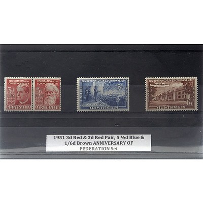 1951 3d Red & 3d Red Pair, 5 1/2d Blue & 1/6d Brown ANNIVERSARY OF FEDERATION Stamp Set