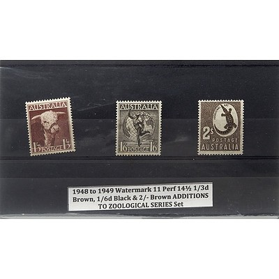1948 to 1949 Watermark 11 Perf 14 1/2 1/3d Brown, 1/6d Black & 2/- Brown ADDITIONS TO ZOOLOGICAL SERIES Stamp Set