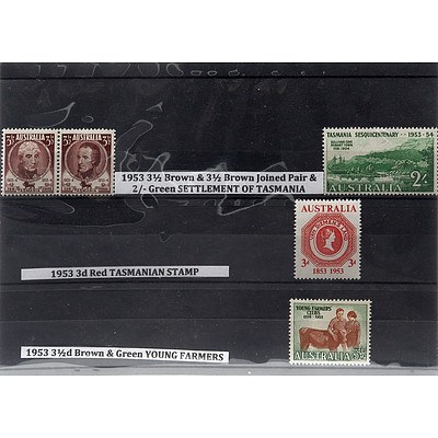 1953 3 1/2 Brown & 3 1/2 Brown Joined Pair & 2/- Green SETTLEMENT OF TASMANIA, 1953 3d Red TASMANIAN STAMP, 1953 3 1/2d Brown & Green YOUNG FARMERS
