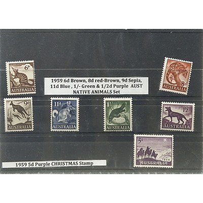 1959 6d Brown, 8d Red-Brown, 9d Sepia, 11d Blue, 1/- Green & 1/2d Purple AUSTRALIAN NATIVE ANIMALS Stamp Set, 1959 5d Purple CHRISTMAS Stamp