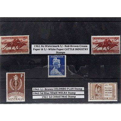 1961 No Watermark 5/- Red-Brown Cream Paper & 5/- White Paper CATTLE INDUSTRY Stamps, 1961 1/- Brown COLOMBO PLAN Stamp, 1961 5d Blue NELLIE MELBA Stamp, 1961 5d CHRISTMAS Stamp