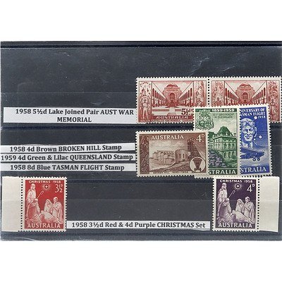 1958 5 1/2d Lake Joined Pair AUSTRALIAN WAR MEMORIAL, 1958 4d Brown BROKEN HILL Stamp, 1959 4d Green & Lilac QUEENSLAND Stamp, 1958 8d Blue TASMAN FLIGHT Stamp