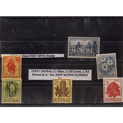 1959 4d Slate Post Office Stamp, 1959 1/6d Red, 2/- Blue, 2/3d Green, 2/5d Brown & 3/- Rec Australia Native Flowers Set