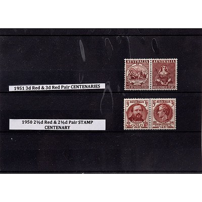 1951 3d Red & 3d Red Pair Centenaries Stamps and 1950 2 1/2d Red & 2 1/2d Pair Centenary Stamps