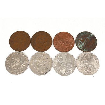 1924, 1936, 1945, 1964 Australian Pennies and Four Commemorative 50c Pieces