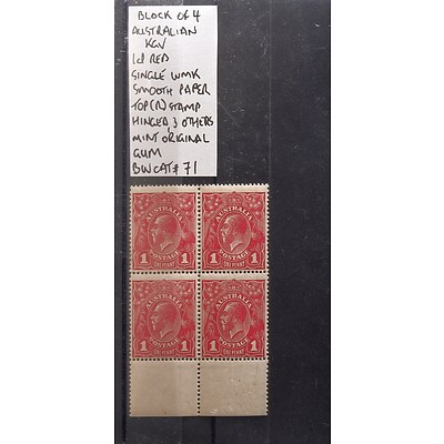 Block of Four Australian 1d Red Single WMK Smooth Paper Top Stamp Hinged, Three Others Mint and Original Gum