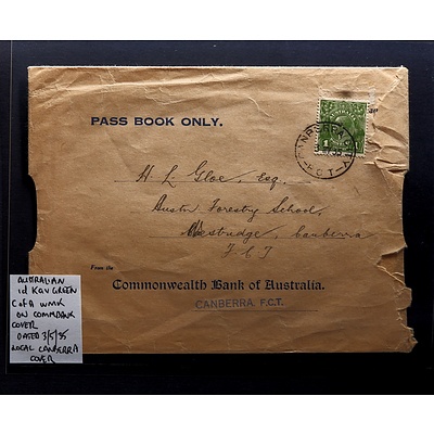 Australian 1d KGV Green C of A WMK on Commonwealth Bank of Australia Cover dated 03/05/1935, Local Canberra Cover