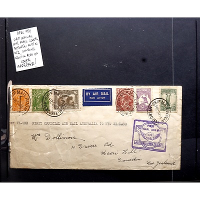 April 1934 First Official Air Mail Cover Between Australia and New Zealand, Contains KGV's and Kangaroos on Cover and Addressed