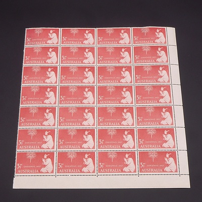 1957 Australian Christmas Stamps 3 1/2d Denomination Corner Block of 28 Stamps