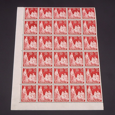 1958 Australian Christmas 3 1/2d Denomination Bottom cnr Block of 30 Stamps