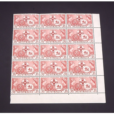 1956 Australian 100th Anniversary of Responsible Government in NSW, Victoria & Tasmania 3 1/2d Denomination, Block of 15 Stamps
