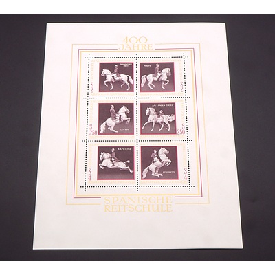 1972 Austria Horses, 100th Anniversary of The Spanish Riding School, Mini Sheet of 6 Stamps