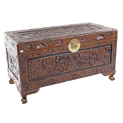 Vintage Chinese Heavily Carved Camphorwood Chest with Brass Fittings
