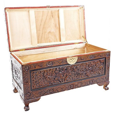 Vintage Chinese Heavily Carved Camphorwood Chest with Brass Fittings