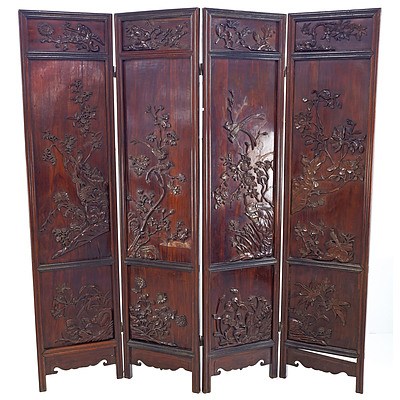 Antique Chinese Hongmu Rosewood Fourfold Floor Screen, Late Qing