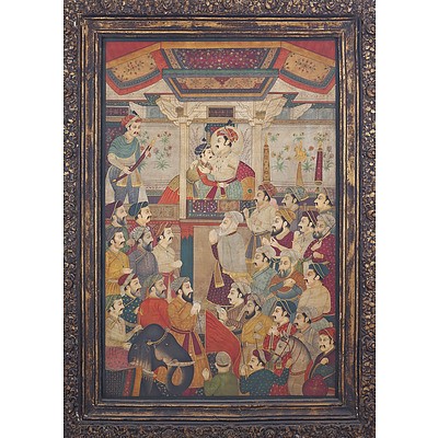 Massive Indian Historical Painting, Mughal Court Scene with Shah Jahan, Oil on Canvas, 20th Century