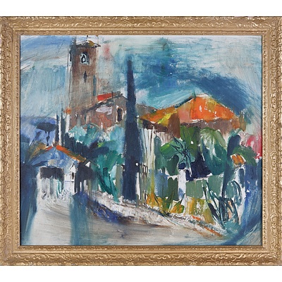 Attributed to Judy Cassab (1920-2015), Untitled (Street Scene with Bell Tower), Oil on Canvas on Board