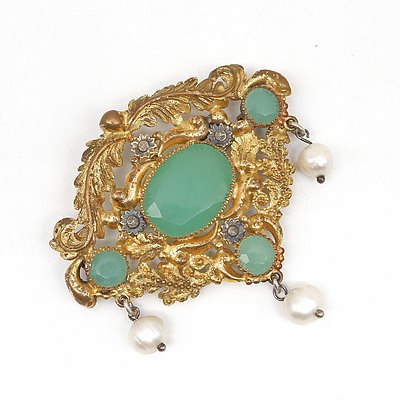 Antique Gold Plated Brooch with Chrysoprase and Freshwater Pearls, Probably Australian