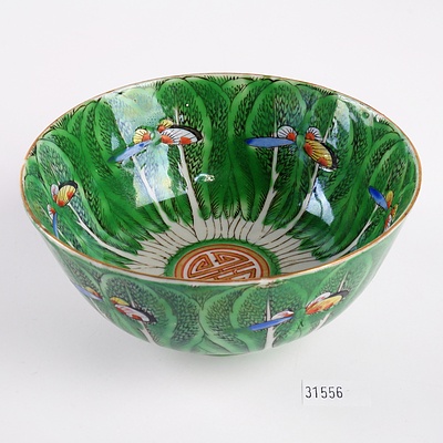 Antique Chinese Famille Verte Butterfly and Cabbage Pattern Bowl with Central Shou Medallion, Circa 1900