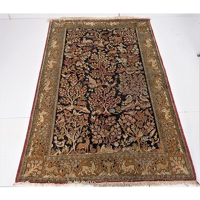 Fine Kashmiri Hand Knotted Silk Pile Rug with Animal Motif