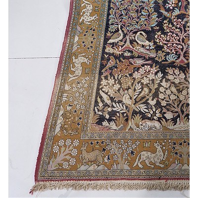 Fine Kashmiri Hand Knotted Silk Pile Rug with Animal Motif