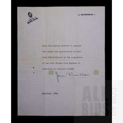 Jean Batten Autographed Letter, Dated May/June 1934, New Zealand Aviator