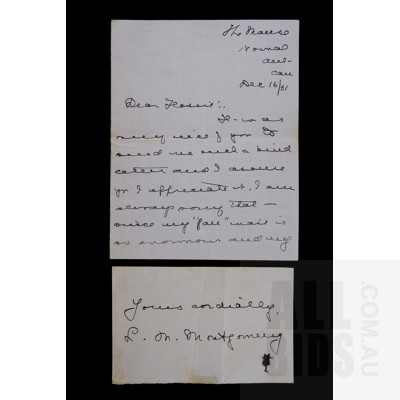 Lucy M Montgomery Autograph and Accompanying Letter Dated December 16 1931, Author
