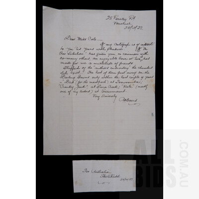 Steele Rudd Autograph with Accompanying Letter From Arthur Davis, Dated 28.10.32, Australian Author