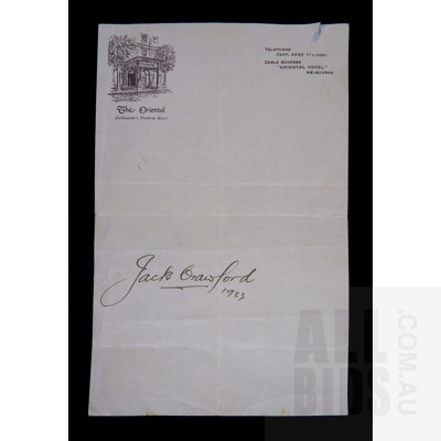 Jack Crawford Autograph Dated 1933 on The Oriental Letterhead, Australian Tennis Player
