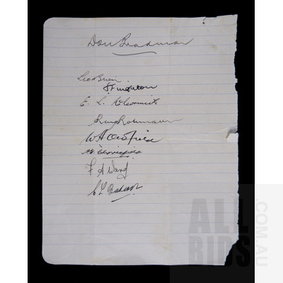 Autograph Leaf Signed by Nine Members of the Australian 1936-37 Test Team, Including Don Bradman, Bert Oldfield