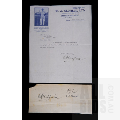 Bert Oldfield, Harry Alexander and Philip Lee Autograph with Attached Letter from Ber Oldfield, Dated 10th March 1933