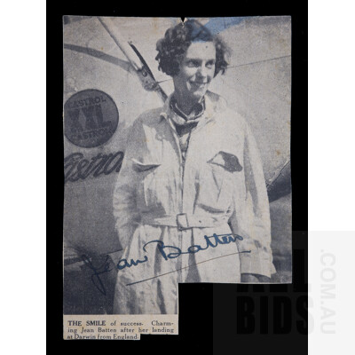 Jean Batten Autographed Newspaper Clipping, New Zealand Aviator