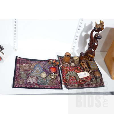 Borneo Divination Calendars, Bone Icons, Miniature Brass Ganesh and Another Hindu Deity on a Lotus Base, Hand Embroidered Indian Fabric and More