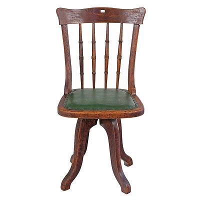 Antique Oak Framed Spindleback Swivel Desk Chair with Faux Leather Upholstered Seat