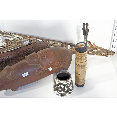 Selection of Tribal Pieces including Trobriand Island Carvings and Dayak Pottery and More