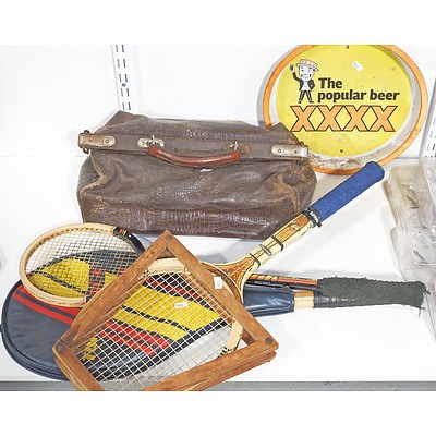 Three Vintage Racquets, Doctor's Bag, and XXXX Drinks Tray