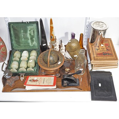Large Group of Vintage Collectables, Including Marble Pieces, Wooden Drinks Tray, and Cast Iron Hole Punch