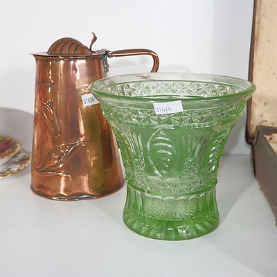 Art Nouveau Joseph Sankey and Sons Copper Lidded Jug Marked, and Depression Glass Vase with Frog