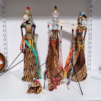 Three Indonesian Marionettes and Two Figurines