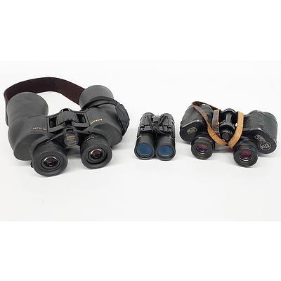 Three Pairs of Binoculars including: Carl Zeiss, Nikon Aculon and More