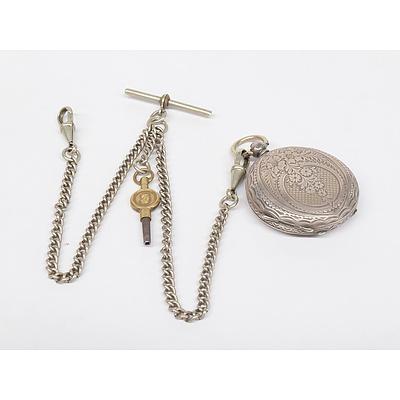 Engraved Stirling Silver Pocket Watch with Fob Chain and T bar