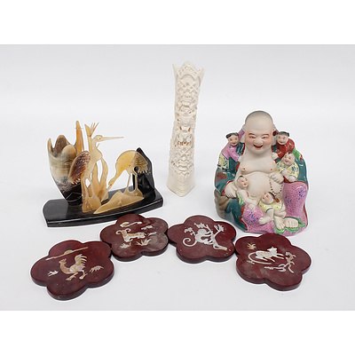 Carved Horn Desk Ornament, Southeast Asian Carved Bone, Chinese Ceramic Figure of Buddha and Three Shell inlaid Coasters