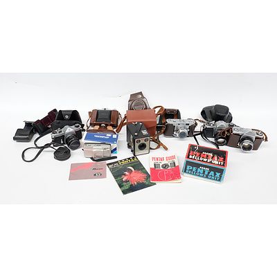 Quantity of Seven Cameras Including Pentax Asahi Spotmatic, Kowaflex, Kodak Box Brownie, Nettar, All in Cases and More