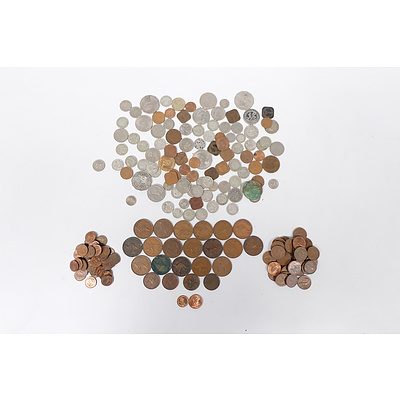 Assorted Coins including: Australian Pennies, Half Pennies, One and Two Cent coins, and various other currencies