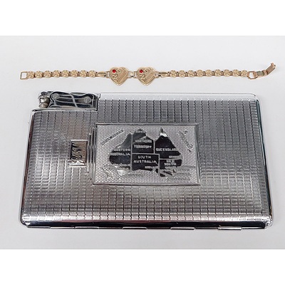 Vintage Machined Stainless Steel Cigarette Case with Lighter and Australian Map Motive
