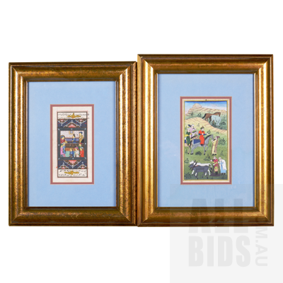 A Pair of Framed Hand-Painted Persian Miniature Scenes, Largest 22 x 12 cm (2)