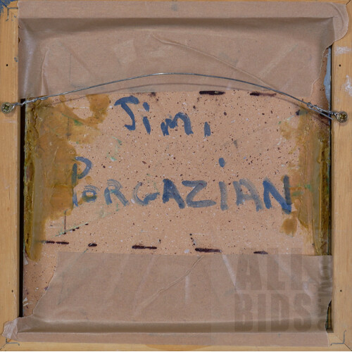 A Framed Painted Ceramic Tile by Jim Porgazian, 15 x15 cm