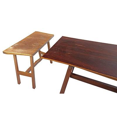 Red Box Dining Table by Jan Saltert and David Upfill-Brown, Circa 1984, Purchased Bungendore Woodworks 1986. Top Made From Two Naturally Flared Planks of Red Box and Matching End Table From the Same Timber Slab
