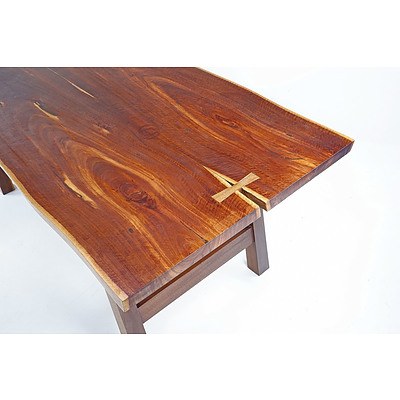 Red Box Dining Table by Jan Saltert and David Upfill-Brown, Circa 1984, Purchased Bungendore Woodworks 1986. Top Made From Two Naturally Flared Planks of Red Box and Matching End Table From the Same Timber Slab